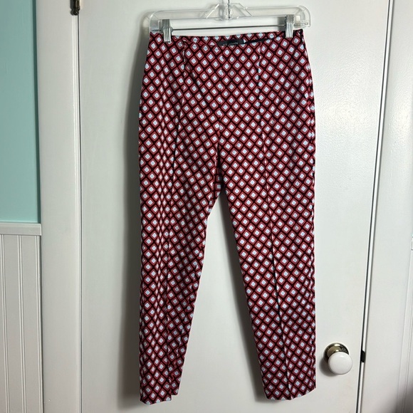St. John Collection Red Blue Lattice Geometric Print Skinny Leg Ankle Pants 2 - Picture 2 of 15